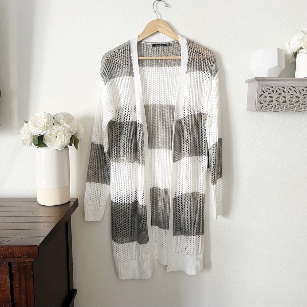 Doe & Rae striped open weave long cardigan sweater grey and white size large